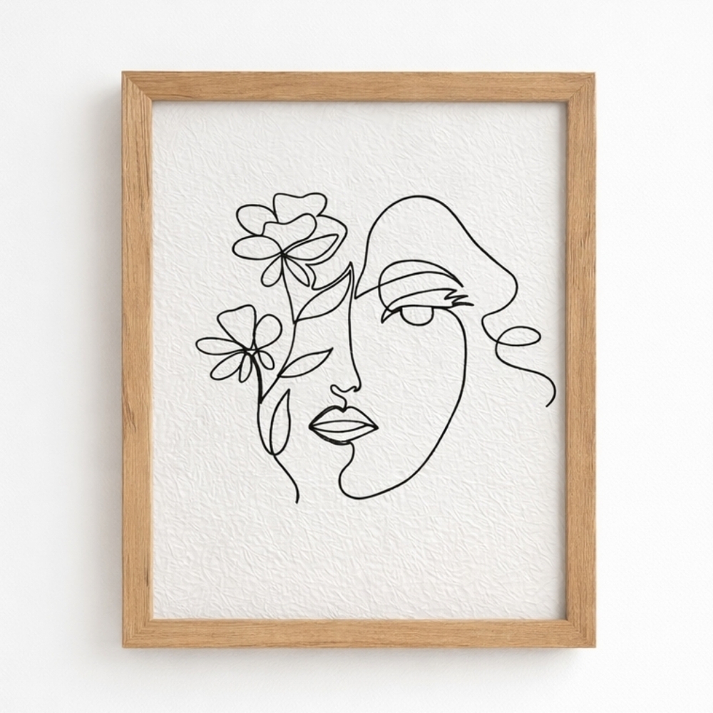 Modern Line Art Woman Floral Face | 8x10 Textured Print | Wood Frame | Minimalis